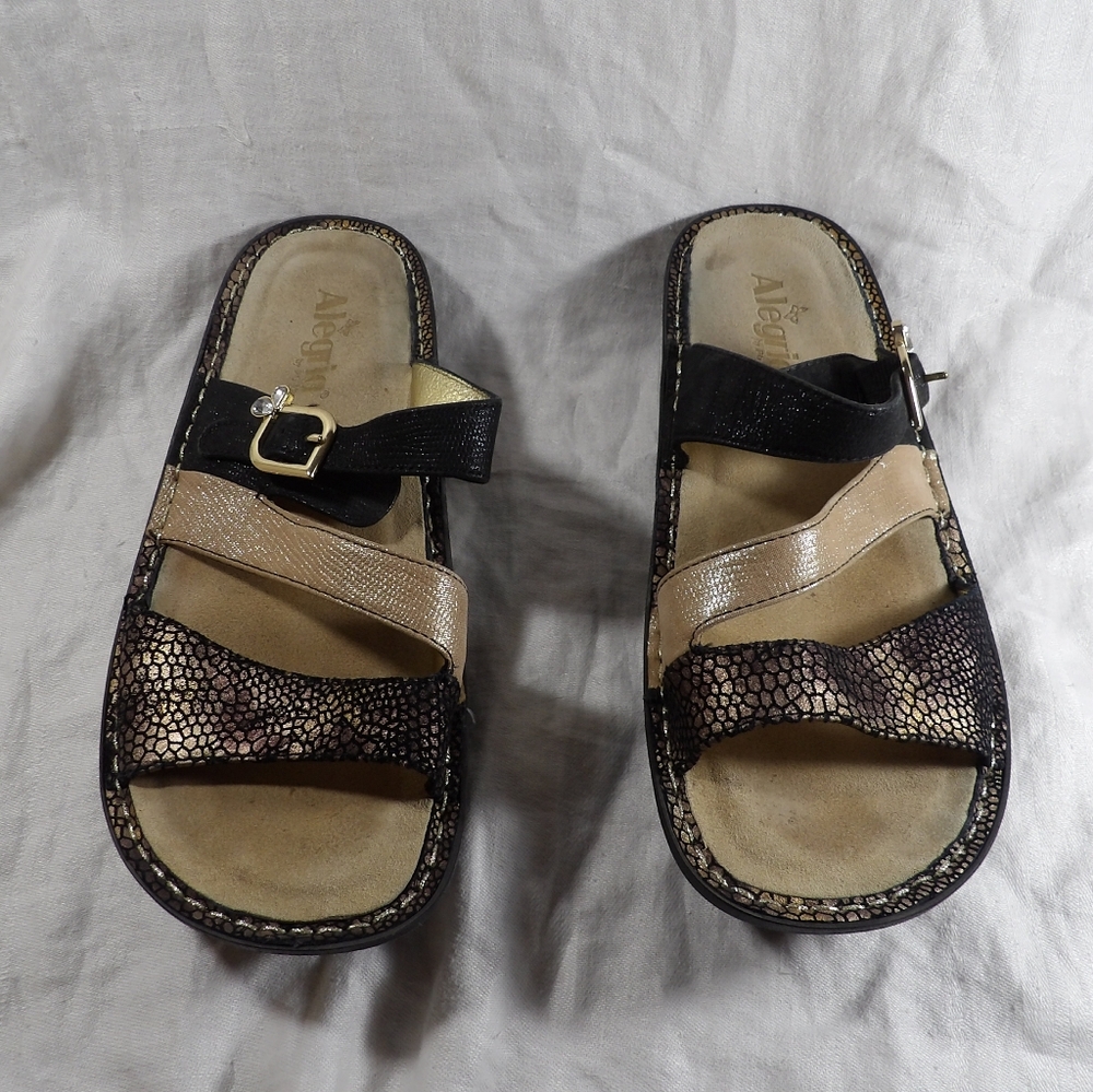 ALEGRIA Collette Gold & Bronze Triple Strap Leather Sandals sz. EU 41